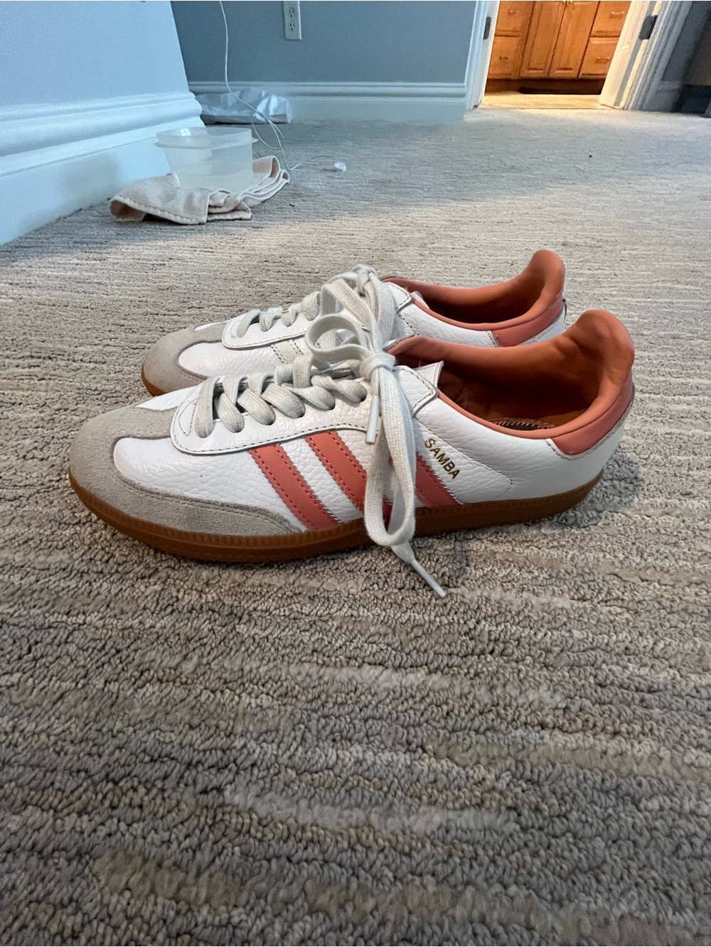 adidas Samba Leather Sneakers in White and Dusty Pink 7.5